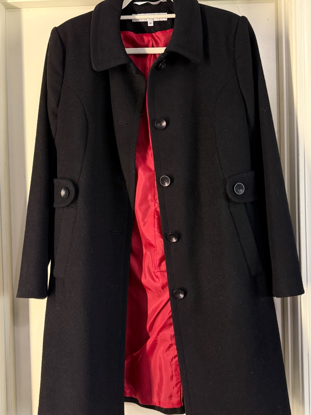 Vintage Larry Levine Red Lined 100% Black Wool Coat Med.